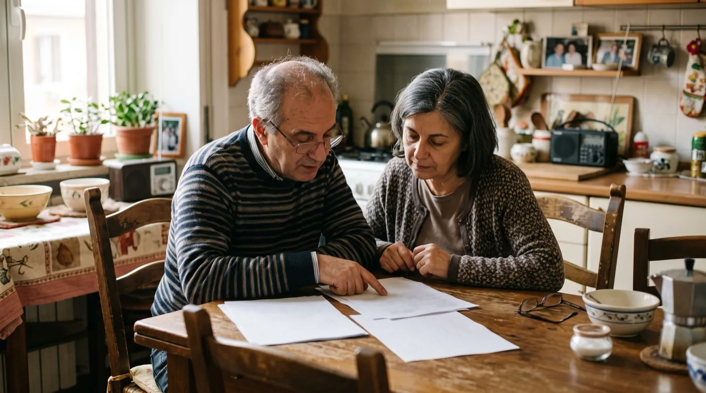 Due persone adulte leggono dei documenti cartacei al tavolo di casa, con luce naturale dalla finestra.